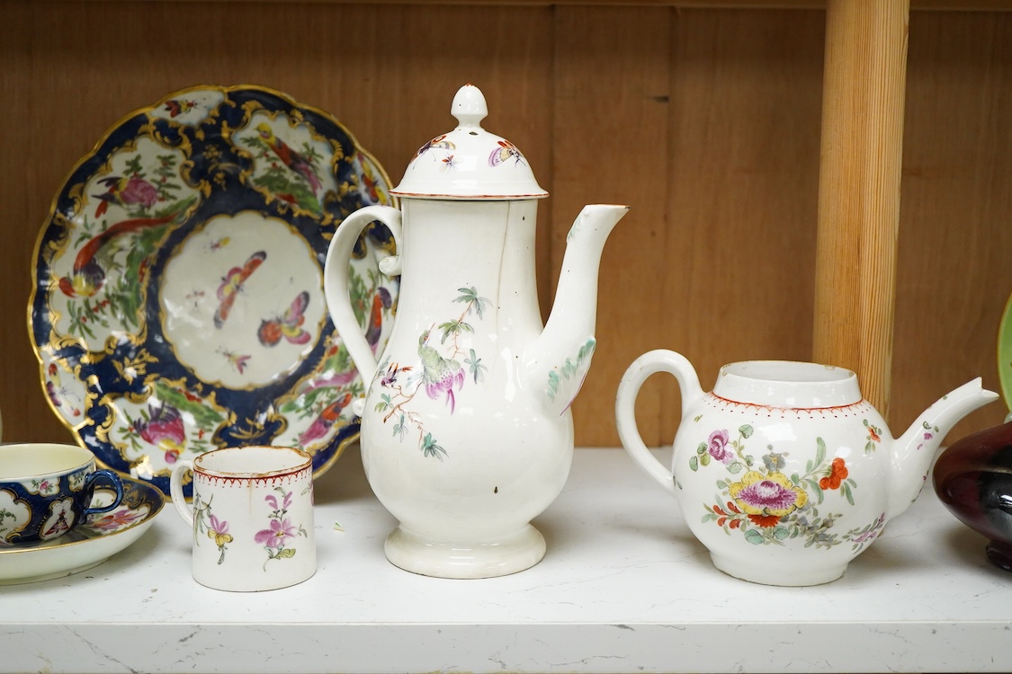 A Derby fantastic birds painted coffee pot, c.1760-65, 24cm high, a Bow porcelain teapot and similar coffee can, c.1770